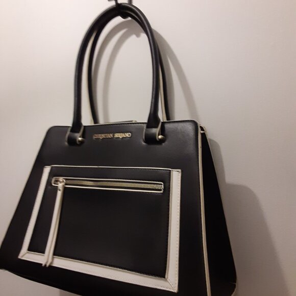 NWOT Christian Siriano Structured Vegan Leather Handbag Black/Light Beige Trim - Picture 2 of 5